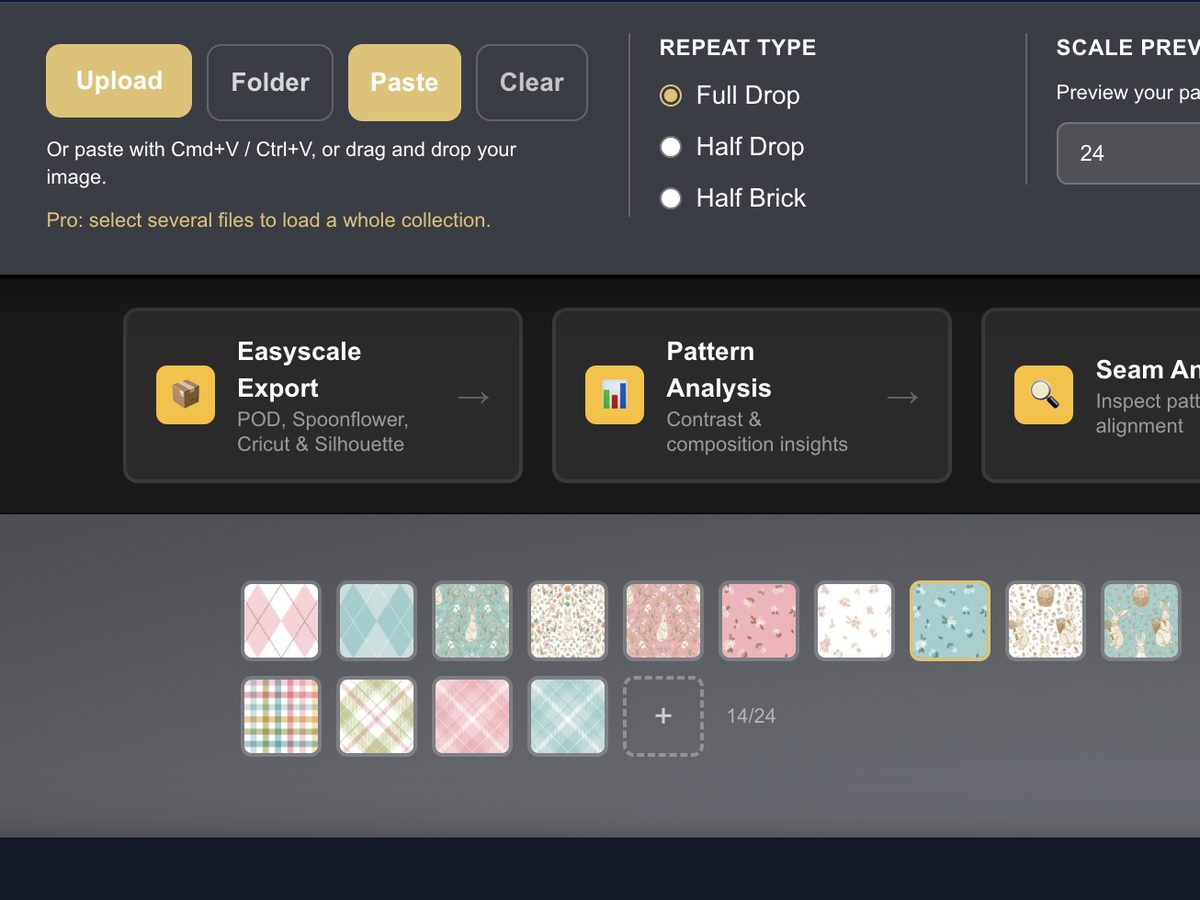 PatternPAL with a 14-pattern collection loaded as thumbnails, ready to preview one by one