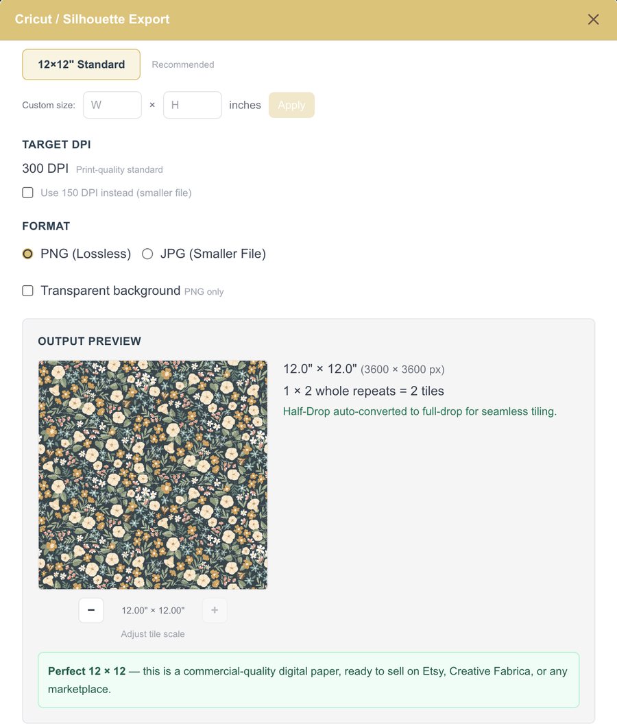 PatternPAL export window set to a 12 x 12 inch digital paper at 300 DPI, with a preview of a dark floral pattern