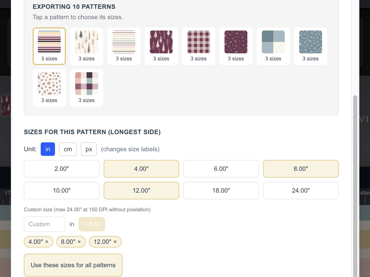 PatternPAL EasyScale export with 10 patterns loaded and the same sizes applied to all of them