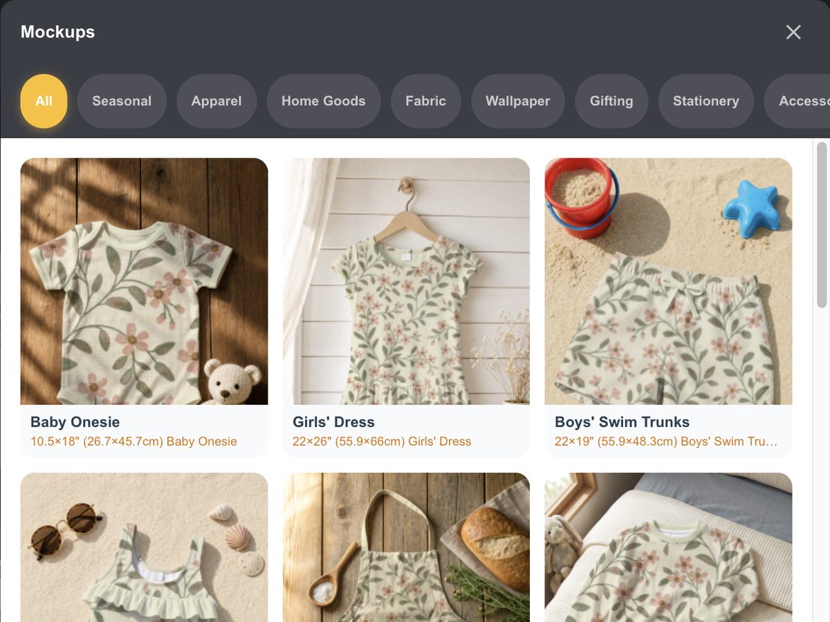PatternPAL mockup gallery showing one floral pattern on a baby onesie, girls dress, swim trunks, swimsuit, apron and pajamas