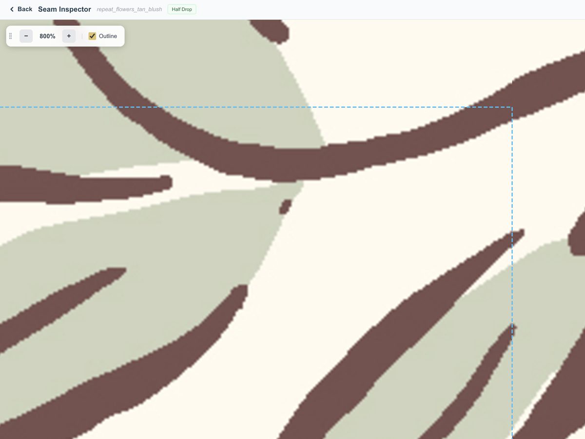 Seam Inspector at 800% with the tile outline on, showing a half drop leaf pattern flowing cleanly across the seam