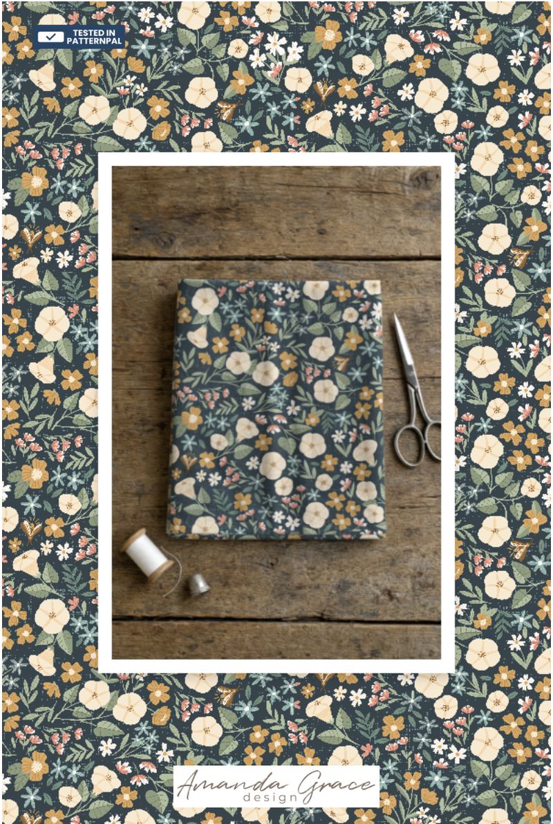 A Pinterest Pin exported from PatternPAL: a dark floral fabric mockup framed by the pattern, with the Amanda Grace Design logo and a Tested in PatternPAL badge